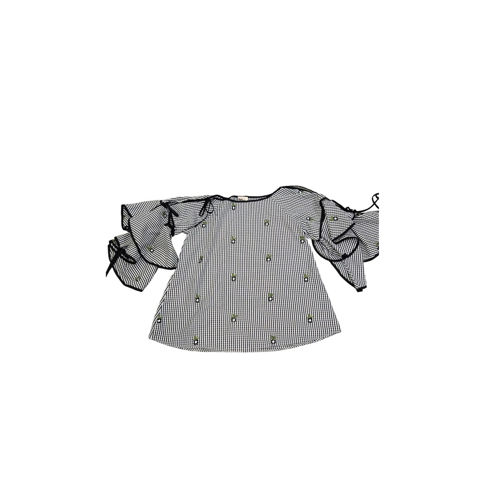 POL Gingham Puff Sleeve Embroidered Blouse Black White Size S